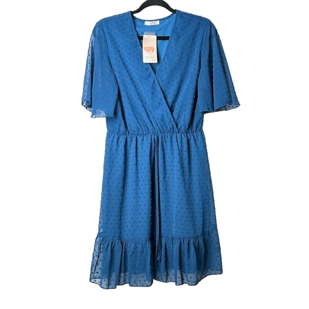 Kirundo Size Medium Flutter Sleeve Faux Wrap Dress Swiss Dots Wedding Guest Blue